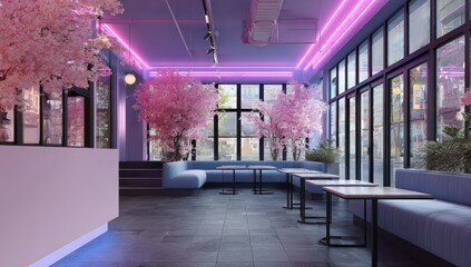 Modern cafe with pink cherry blossoms.  Purple, pink lighting