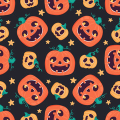 Seamless Halloween pattern with cute carved pumpkins on dark background. Smiling jack-o’-lanterns with stars. Repeating Halloween festive design for wrapping paper, textiles. Vector illustration.