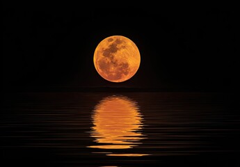 A large, orange-toned moon reflected in still water