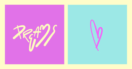 Dreamy Heart and Text Doodles. Y2k Abstract Cute Square Illustrations for Social Media, Pink and Blue Aesthetic, Love, Motivation and Self-Care Visuals for Digital Use