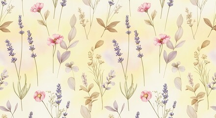 Watercolor Floral Pattern with Lavender and Pink Flowers Delicate Botanical Design for Fabric and Backgrounds Tender and Elegant