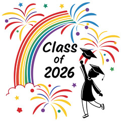 Class of 2026 graduation celebration with rainbow and fireworks, isolated on white background