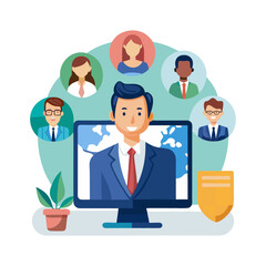Professional Executive Having Video Conference Call with International Clients in Modern Office Setup | Remote Work Communication Vector Illustration