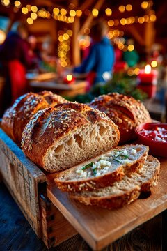 Mercado de agricultores en los Alpes austriacos con panes reci&eacute;n horneados y ambiente festivo