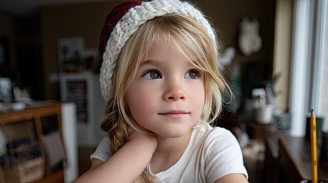 Happy young girl in Christmas hat writes letter to Santa Claus at cozy table, eagerly awaiting the festive celebration of Christmas