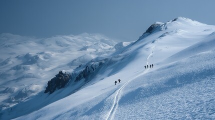 Hikers Ascending Icy Mountain Ridge, Pristine Snowfield Trails, Full-Frame Alpine Activity Documentation