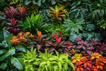 Tropical trees arranged in full background Or full wall There are leaves in different sizes, different colors, various sizes, many varieties. Another garden layout.