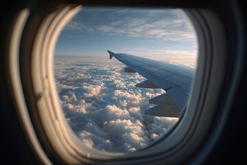Airplane window view of clouds and wing (1)