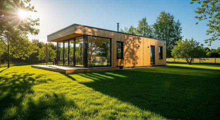 Fototapeta premium Modern house design in full daylight, clean architecture, sharp shadows, natural materials, and realistic outdoor setting with bright sky.