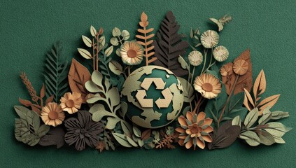 A stylized, paper-cut scene of a globe with a recycle symbol nestled among foliage.  Nature-inspired, eco-friendly imagery