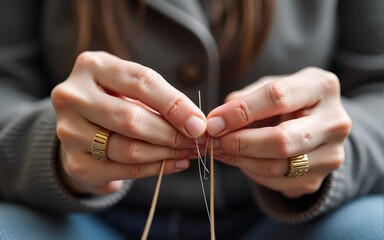 Close-up of Elderly Hands Threading a Needle. High quality