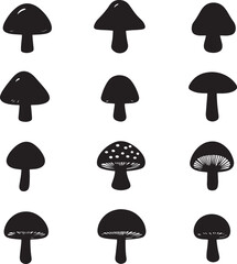 Simple black vector silhouettes of mushrooms in a clean, minimalist design.