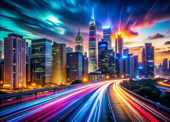 Obraz premium Glowing Cityscape at Night: Stunning Urban Panorama Stock Photo