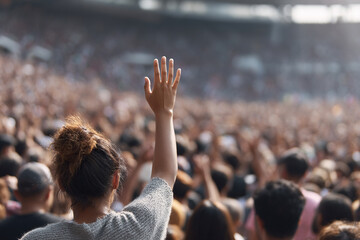 Enthusiastic crowd with raised hand at a live event, conveying excitement and participation at a public gathering.