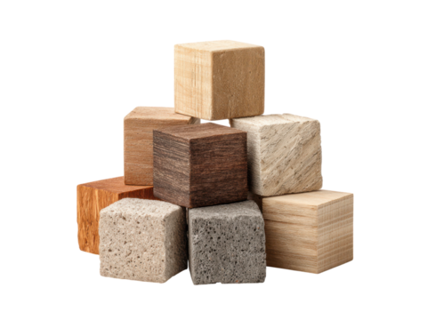 Stacked wooden and stone cubes natural materials image, Isolated, Png Transparent Background