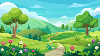 Fototapeta premium Vector art of vibrant cartoon landscape with rolling green hills, a winding dirt path, and colorful flowers under a bright blue sky with fluffy clouds
