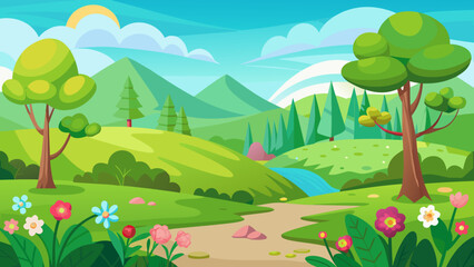 Fototapeta premium Vector art of idyllic cartoon scenery featuring rolling green hills, a meandering path, blooming flowers, and distant mountains under a sunny sky