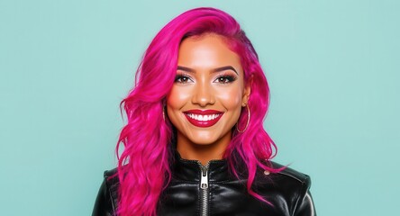 Fototapeta premium Young woman with vibrant pink curly hair smiling broadly wearing a black leather jacket against a light blue background