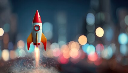 Rocket launching at night over city lights