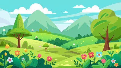 Obraz premium Vector art of vibrant spring landscape with rolling green hills, blooming flowers, lush trees, and a winding path under a blue sky with fluffy clouds