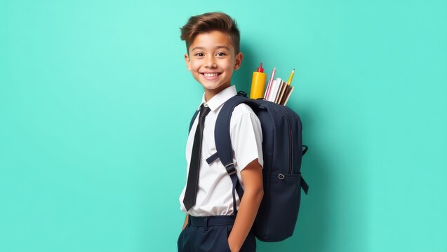 Smiling young boy wearing a school uniform with a backpack full of supplies