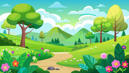 Obraz premium Vector art of vibrant cartoon landscape with rolling green hills, colorful flowers, and lush trees under a bright blue sky with fluffy clouds, evoking a sense of natural beauty and tranquility