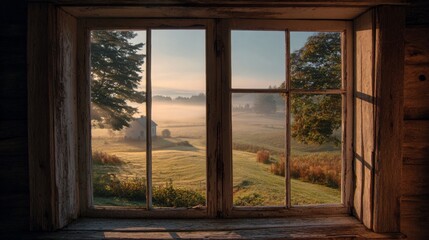 View from a rustic farmhouse window overlooking foggy meadows and early sunlight