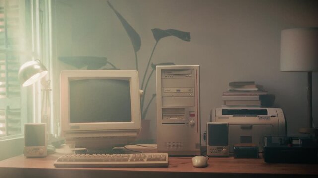 Retro pc computer gaming, Desktop vintage with loading code console, programmer making scripts, green basic screen, Old computer studio close-up, retro wave display, late 90s PC.