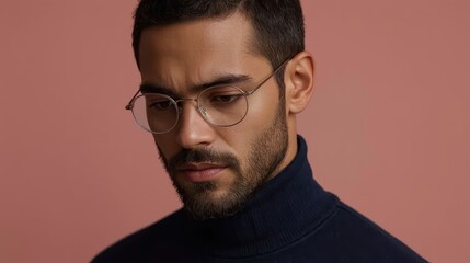 Fototapeta premium Close up portrait of a man wearing round eyeglasses and a dark blue turtleneck sweater