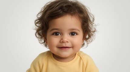 Naklejka premium Adorable baby with curly brown hair big brown eyes smiling in a yellow shirt against a white background