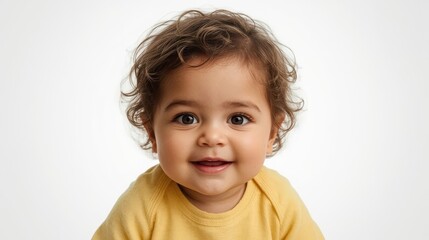 Fototapeta premium A happy baby with curly brown hair smiles and looks directly at the camera wearing a yellow shirt