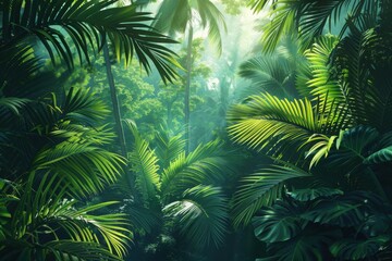 Fototapeta premium Tropical Rainforest Landscape background. Tropical jungle palms, trees and plants