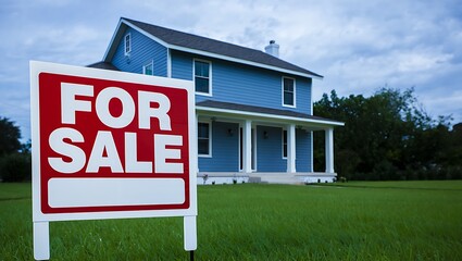 Fototapeta premium Blue House For Sale Sign Green Lawn Real Estate home