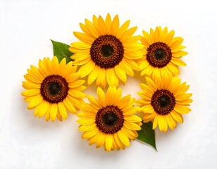 Five sunflowers arranged on a white background