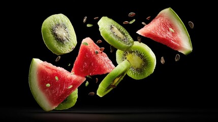 Vibrant Dance of Juicy Watermelon and Kiwi Slices in Mid-Air.