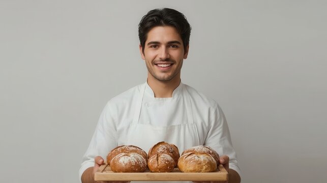 Smiling baker in chef's uniform holding a wooden tray with six artisan loaves of bread - Powered by Adobe