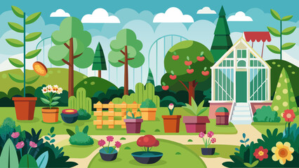 Fototapeta premium Vector art of delightful cartoon illustration of a garden scene featuring a greenhouse, various potted plants, flowers, and trees, with a path leading through the vibrant landscape
