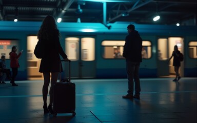 Silhouette of a Woman with Suitcase Waiting at Train Station at Night. High quality