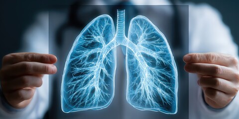 Hands Holding a Luminous Blue Hologram of a Healthy Respiratory System.