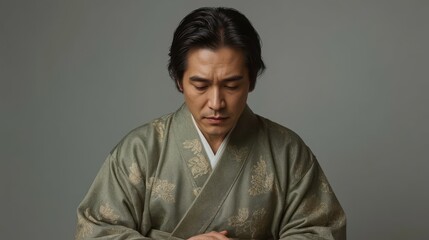 Middle aged East Asian man wearing traditional Korean hanbok with a pensive expression