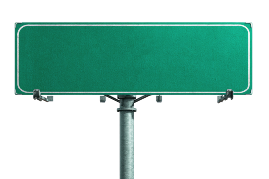 Empty green highway sign on metal post