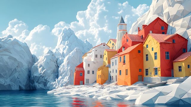 A vibrant coastal village led amongst stark white polygonal ice formations, towers under a brilliant blue sky dotted with fluffy cumulus clouds above the cold sea. - Powered by Adobe