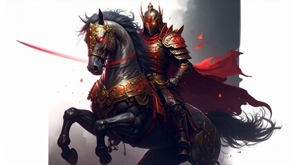 Dark armored knight with glowing red eyes and crimson cape riding a black warhorse, both adorned in ornate red and gold armor, dramatic lighting and misty background.