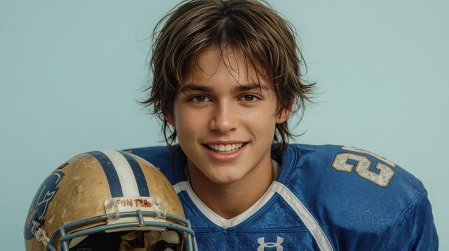 Young athletic male in blue football jersey holding helmet smiling young man
