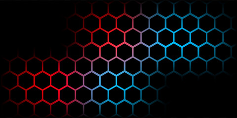 Abstract dark hexagon pattern on red neon background technology style. Modern futuristic geometric shape web banner design. You can use for cover template, poster, flyer, print ad. Vector illustration
