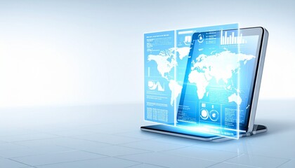 Futuristic laptop projecting holographic world map and data interface in blue tones, set against minimal white background.