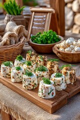 Stall peque&ntilde;o en un mercado de agricultores en el campo franc&eacute;s con productos frescos y preparados