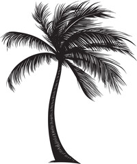 Palm Tree with Windblown Fronds Trunk upright with fronds bending and swaying in the wind, creating a curved shape. full length silhouette black vector illustration