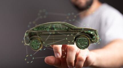 Futuristic car model in hand. Digital transformation, automotive innovation.