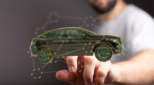 Futuristic car model in hand. Digital transformation, automotive innovation. - Powered by Adobe